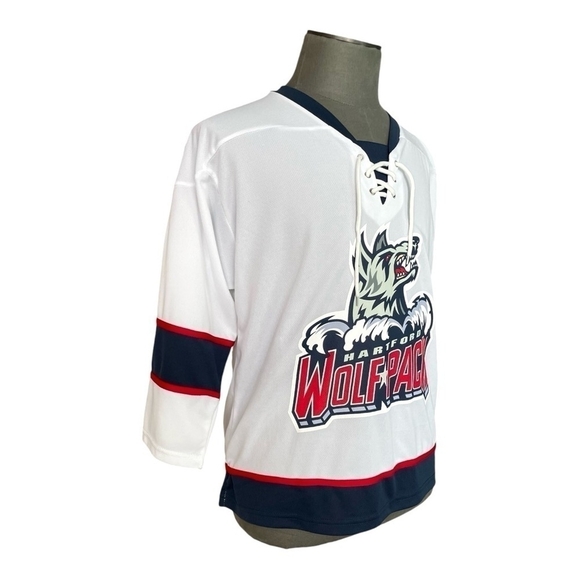 Hartford Wolf Pack Logo AHL Jersey White Blue Red Knot Tie Front Mesh Shirt Top - Picture 2 of 5